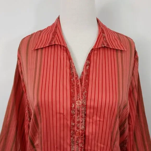 CJ Banks Shirt Top Womens Plus 1X Button Up Stretch Striped Floral 3/4 Sleeves - Picture 3 of 12